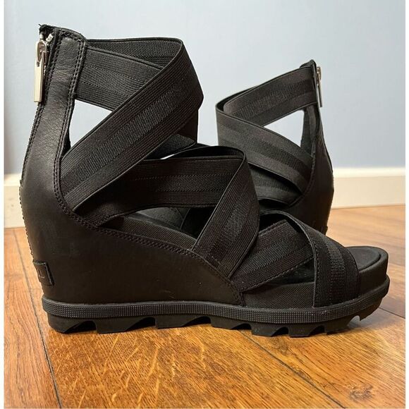 Sorel Joanie II NL3268 Strappy Stretch Black Wedge Heel Sandals Zip Back 9 - Picture 2 of 5